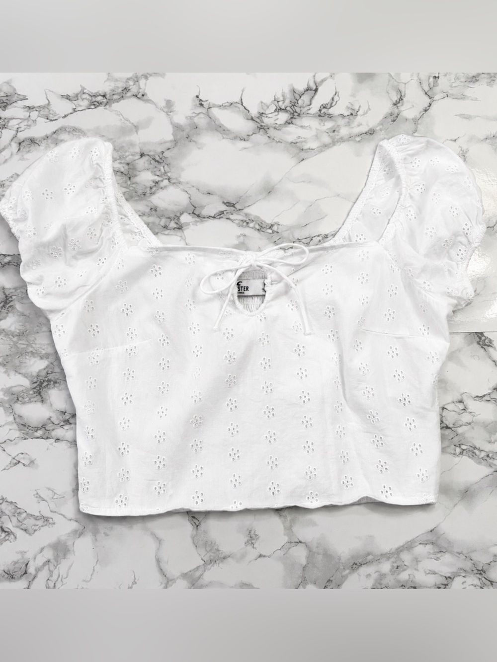 Hollister White Embroidered Puff Sleeve Top